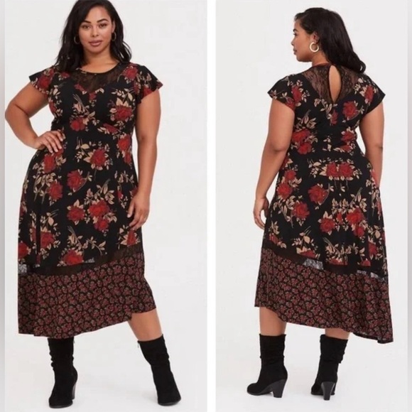 torrid Dresses & Skirts - torrid Whimsigoth blk lace & studio knit floral fluttr slv assym midi drss SZ 3